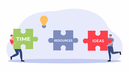 Illustration of people holding puzzle pieces labeled time resources and ideas with a lightbulb above