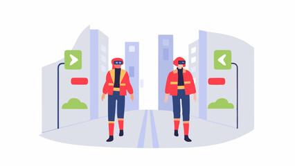 Two people wearing vr headsets walking in a virtual city with direction signs and buildings around them