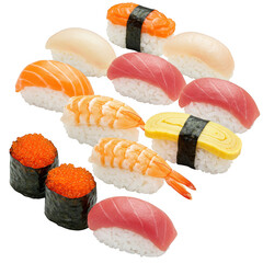Assorted sushi nigiri and maki set isolated on transparent background