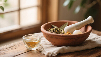Natural skincare ritual with Ayurvedic herbs in a clay bowl, surrounded by eco-friendly materials like linen fabric, wooden elements, recycled glass, and soft window lighting