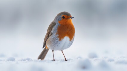 A small bird, possibly a European Robin, standing on snow with an orange chest and grayish-brown feathers.