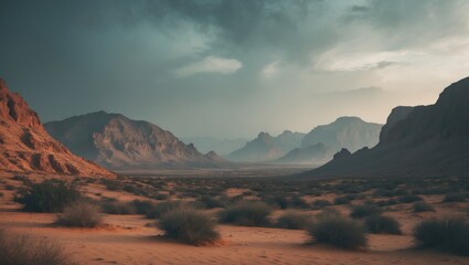 Fototapeta premium Desert landscape with mountains under a cloudy sky. Nature and landscape, geological formations, arid environment. The scene of a desert valley with rugged mountains.