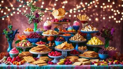 Naklejka premium Colorful desserts and snacks displayed on multiple plates with decorative lights in the background and floral arrangements.
