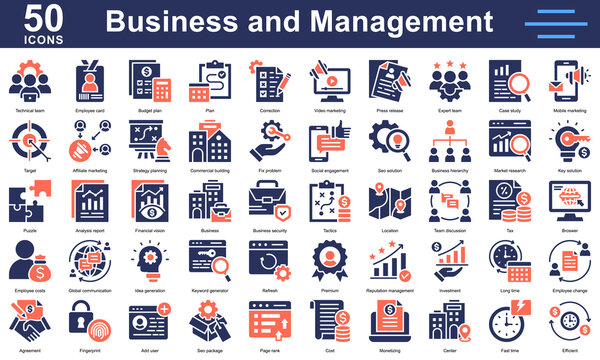 Business and management 50 icons glyph dual tone style featuring strategy, marketing, SEO, teamwork, investment, analytics and planning. Ideal for corporate use.