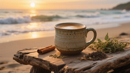 Handmade ceramic mug with warm ashwagandha latte placed on driftwood table near beach, ocean waves in background, golden sunset light, cinnamon sticks and fresh herbs, natural vibe