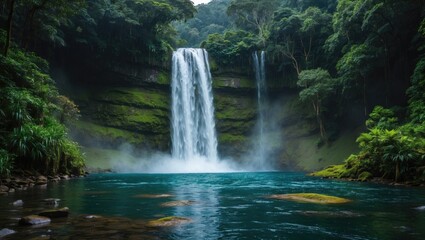 A waterfall cascading into a river surrounded by lush greenery in a forest.