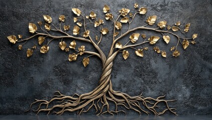 Gold tree sculpture on dark gray wall