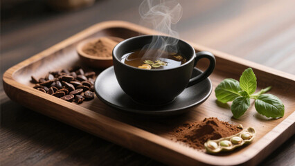 Serene photorealistic scene of herbal mucuna pruriens tea in matte black cup with cacao nibs, dried powder, basil on wooden tray, soft lighting emphasizing natural organic wellness