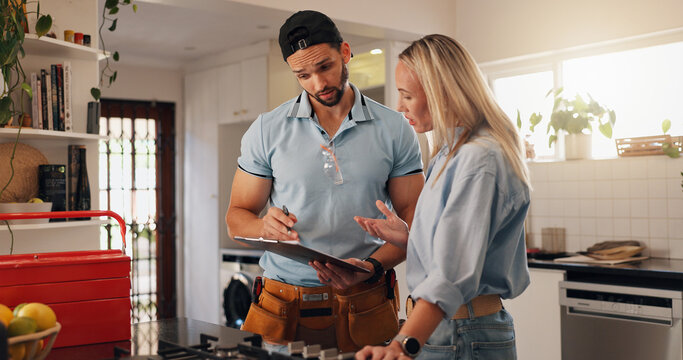 Woman, man and plumber with clipboard in kitchen for invoice, report and talk for repair at house. People, handyman and client with checklist for drainage system, inspection and leak at apartment