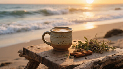 Realistic photo of ashwagandha latte served in artisanal ceramic mug on driftwood surface near ocean shore, golden sunset glow, cinnamon sticks, and fresh herbs adding natural warmth