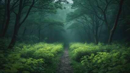 Fototapeta premium Lush green forest path with trees and foliage, tranquil woodland scenery, nature, peaceful environment.