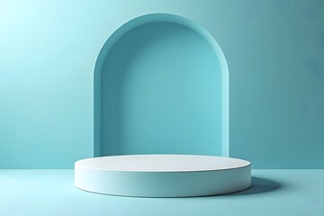 Minimalist Aqua Blue Studio with Circular Platform and Archway