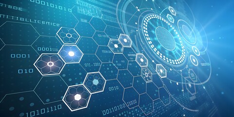 Futuristic Technology Background with Blue Digital Elements and Binary Code