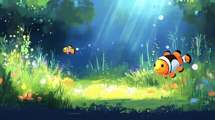 Enchanting clownfish in sunlit meadow.