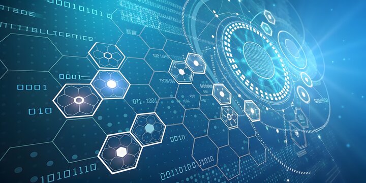 Futuristic Technology Background with Blue Digital Elements and Binary Code