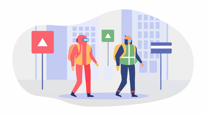 Two people in safety gear walking past signs with triangles and a horizontal line in an urban setting