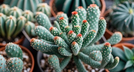 A variety of cacti, predominantly featuring a large green cactus with small white spots and red flowers on top, surrounded by other succulents in pots.