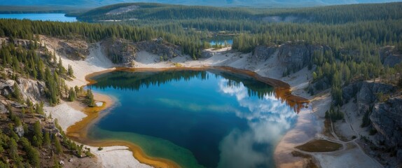 A scenic view of a crater lake surrounded by forests and rocky terrain, reflecting the sky and clouds above.