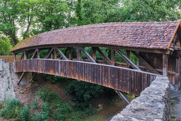 The covered bridge in the old town in Rothenburg ob der Tauber