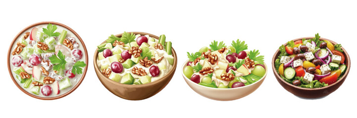 Assorted bowls of vibrant, fresh salads featuring various ingredients like fruits, nuts, and lettuce on a white background