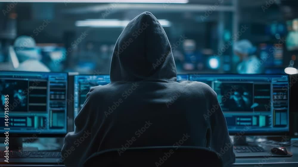 Poster cybercriminal wearing hoodie is working on computer in security control room with displayed world ma
