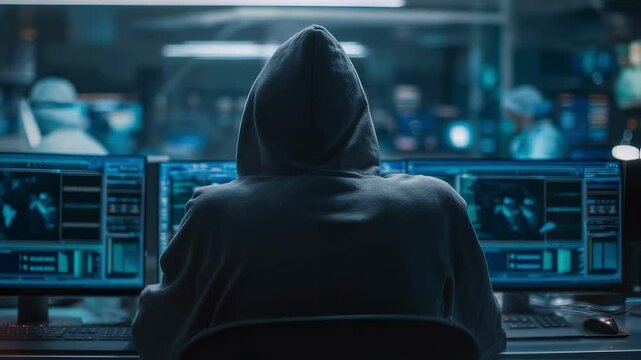 Cybercriminal wearing hoodie is working on computer in security control room with displayed world map and other data, his team is on the background