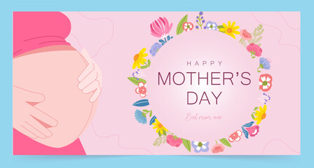 Mother's Day card featuring an expectant mother and floral accents. Vector illustration