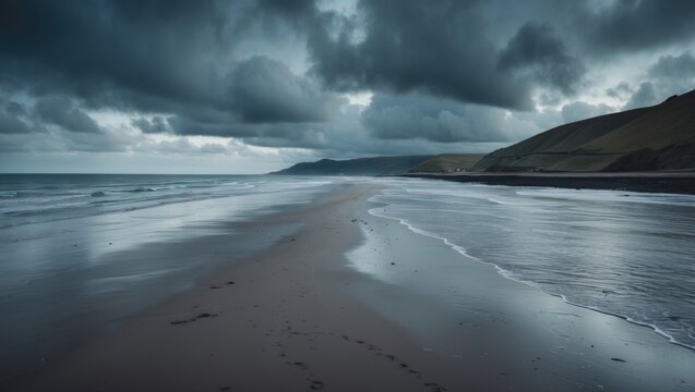 Empty beach scene with dark stormy clouds over the shoreline and distant hills, creating a moody coastal landscape. - Powered by Adobe