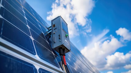 Close up of solar panels with junction box against a bright blue sky filled with fluffy white clouds