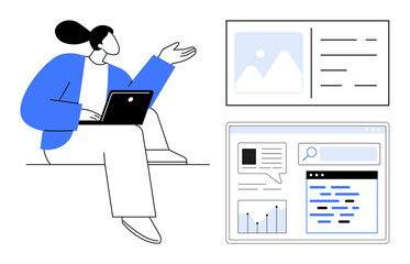 Fototapeta na wymiar Person holding laptop, gesturing beside content cards with graphs, text, and images. Ideal for technology, education, productivity, communication, analytics content creation simple landing page