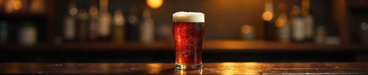 A frothy pint of dark amber brewery bitter, served in a traditional glass, sits atop a dark wooden bar, ready to be enjoyed , wooden, classic, drink