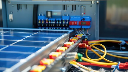 A close up view of solar panels connected to an electrical box with colorful wiring system inside it