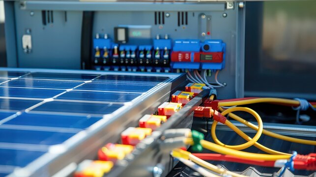 A close up view of solar panels connected to an electrical box with colorful wiring system inside it