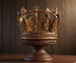 Golden crown sits majestically on a carved wooden pedestal  Deep wood grain, fine goldwork , queen, carved