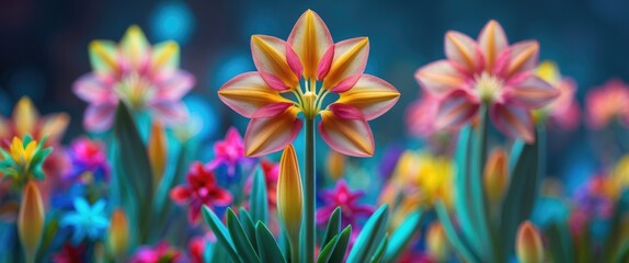 Colorful flowers and lush greenery with a vibrant, blurred background; a beautiful floral display.