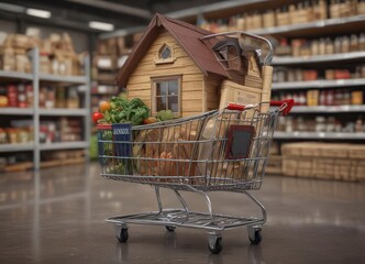 A tiny house sits inside a grocery shopping cart; online home purchase concept ,  real estate transaction,  digital home purchase,  shopping