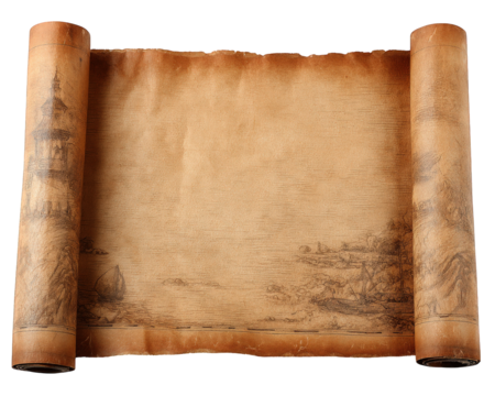 Ancient parchment scroll with detailed illustrations, showcasing vintage design and historical elements. This artwork evokes sense of adventure and exploration