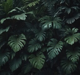 Intricate dark tropical foliage, layered leaves, jungle mystery, plant, detail, organic