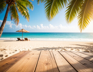 Fototapeta premium Tropical beach with palm trees, sun loungers, and turquoise sea under a clear blue sky.
