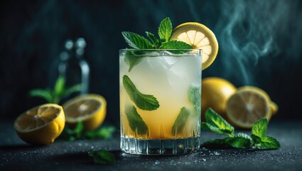 Fototapeta premium A refreshing drink with lemon, mint, and ice in a glass, surrounded by lemon halves and fresh mint leaves.