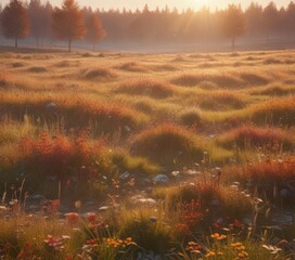 Abstract autumn meadow at dawn, soft light, vibrant colors ,  scenic,  autumn,  dreamy