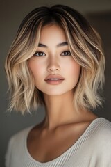 Naklejka premium Beautiful young woman with stylish wavy hair posing indoors in soft lighting during a relaxed moment