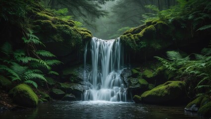 Fototapeta premium A peaceful forest waterfall surrounded by moss-covered rocks and lush green ferns in a dense woodland setting.