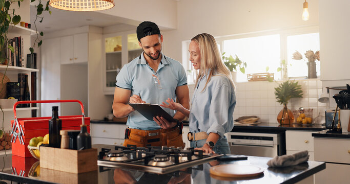 Woman, man and plumber with clipboard in home for invoice, report and talk for repair in kitchen. People, handyman and client with checklist for drainage system, inspection and smile at apartment