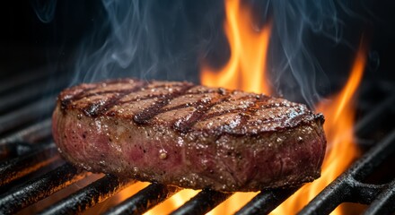 Delicious Grilled Steak on a Hot Grill with Flames and Smoke