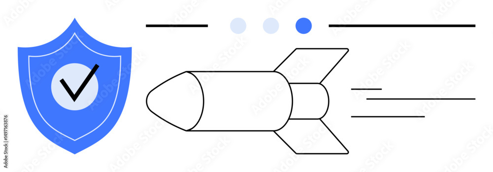 Poster rocket with motion lines symbolizing speed, paired with a secure shield and checkmark icon. ideal fo