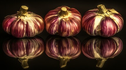 Three striped garlic bulbs reflect.