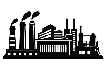 Obraz premium An urban skyline illustration featuring a black silhouette of an industrial factory building, symbolizing power and manufacturing