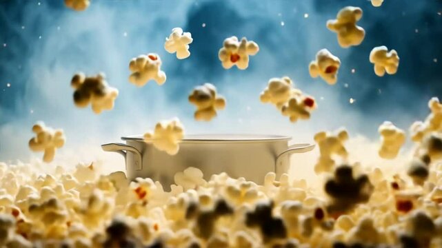 A dynamic shot of popcorn bursting out of a pot, showcasing the excitement of cooking snacks.