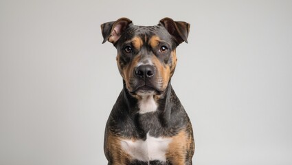 A cute dog looking at the camera with a neutral background.